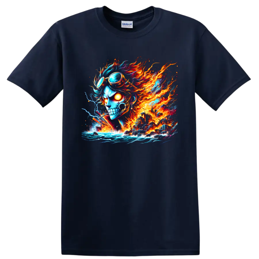 Sabo-inspired anime skull with goggles, flames, lightning, ocean waves, and fantasy city on a Navy (Blue) T Shirt