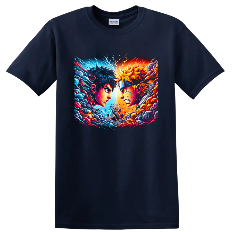 Naruto Uzumaki and Sasuke Uchiha anime rivalry art with lightning, waves, and flames on a Navy (Blue) T Shirt