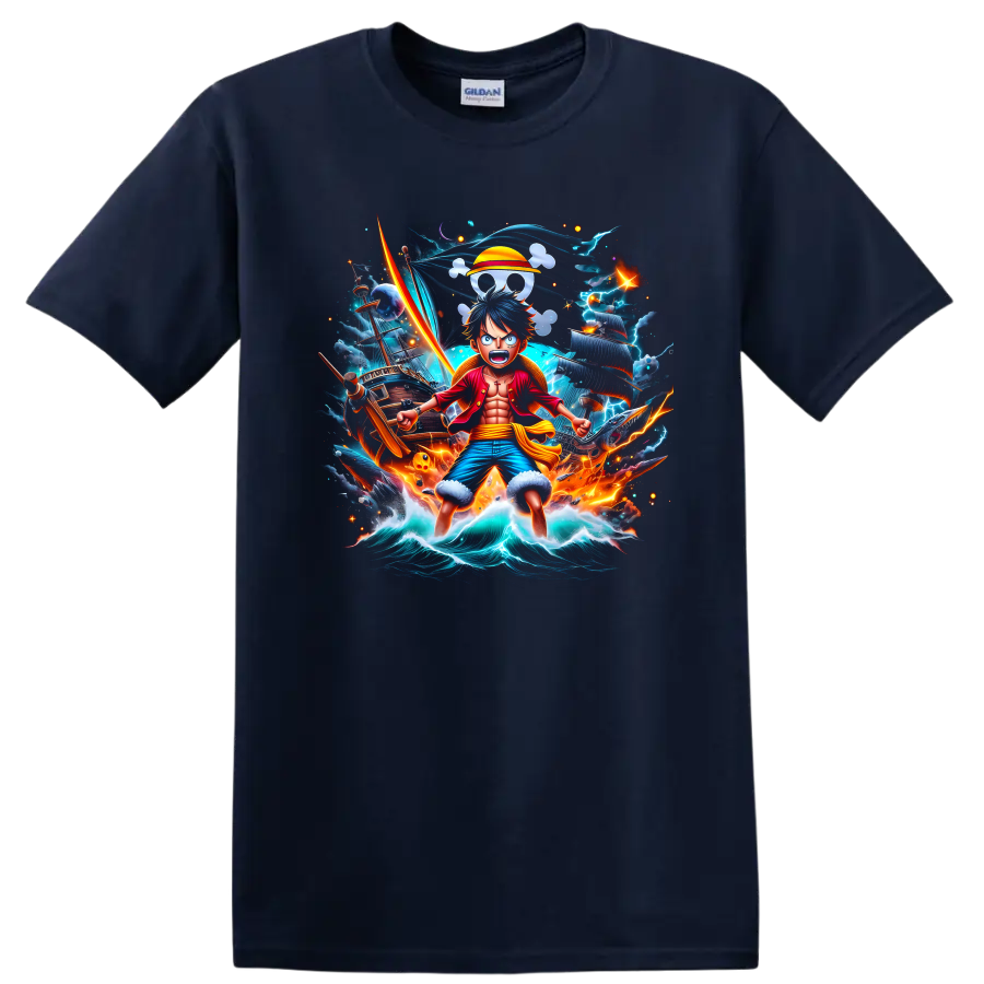 Monkey D. Luffy anime pirate graphic with ship, storm waves, lightning, and straw hat on a Navy (Blue) T Shirt