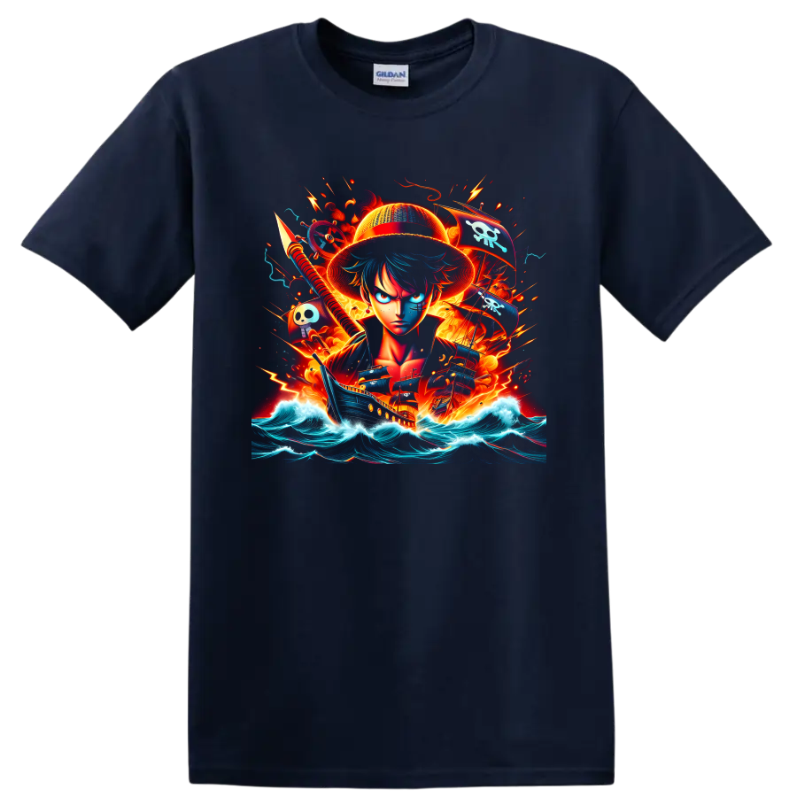 Monkey D. Luffy pirate action art with ship, skull flags, fire, and ocean waves on a Navy (Blue) T Shirt