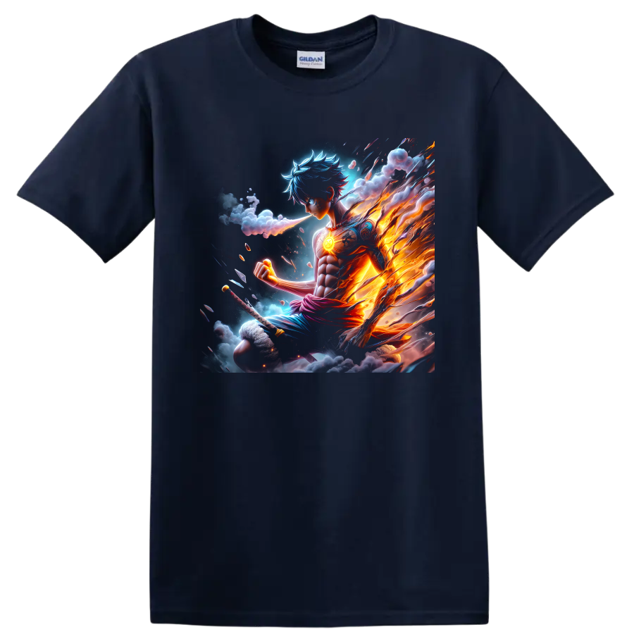 Monkey D. Luffy Gear 5 in a fiery blue and orange anime action illustration on a Navy (Blue) T Shirt
