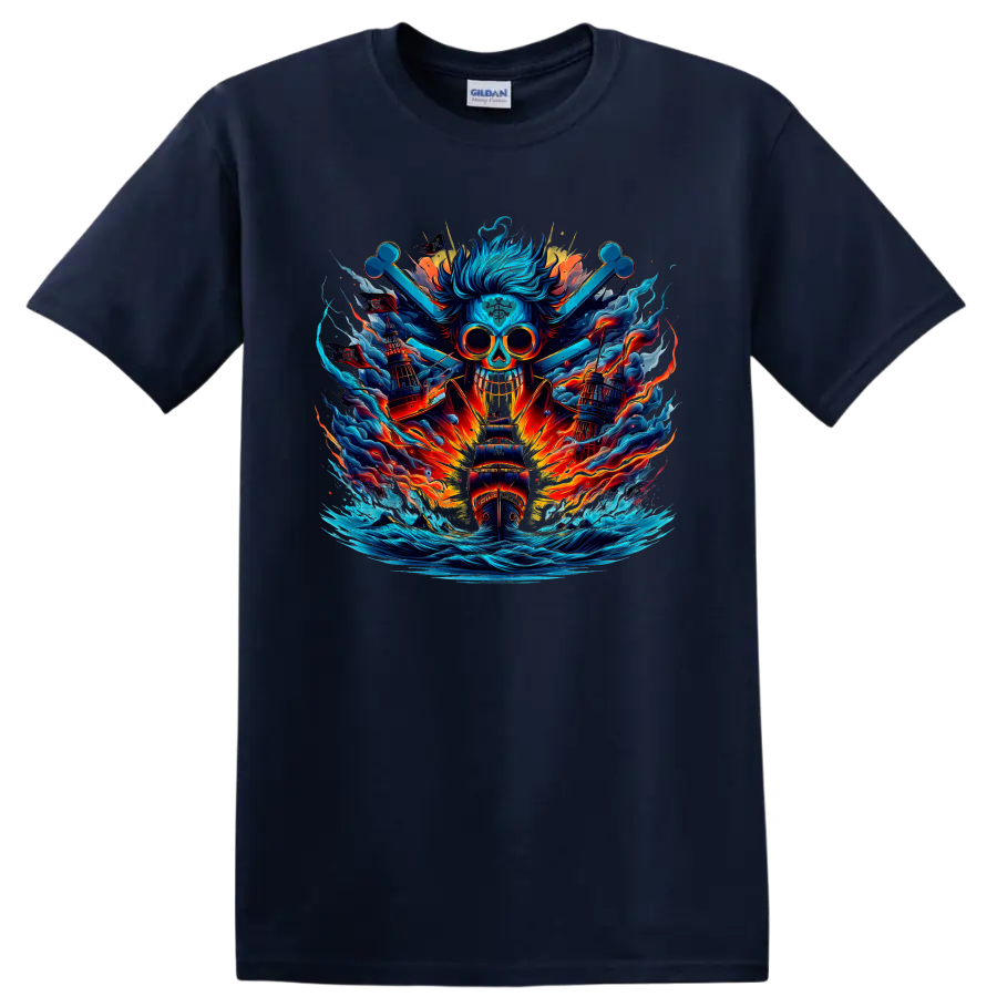 One Piece-inspired blue skull pirate ship with fiery waves in anime fantasy art on a Navy (Blue) T Shirt