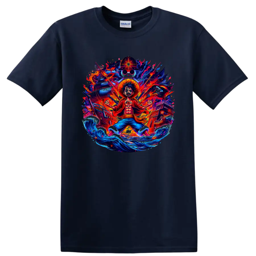Monkey D. Luffy anime pirate graphic with ships, fiery energy, and ocean waves on a Navy (Blue) T Shirt