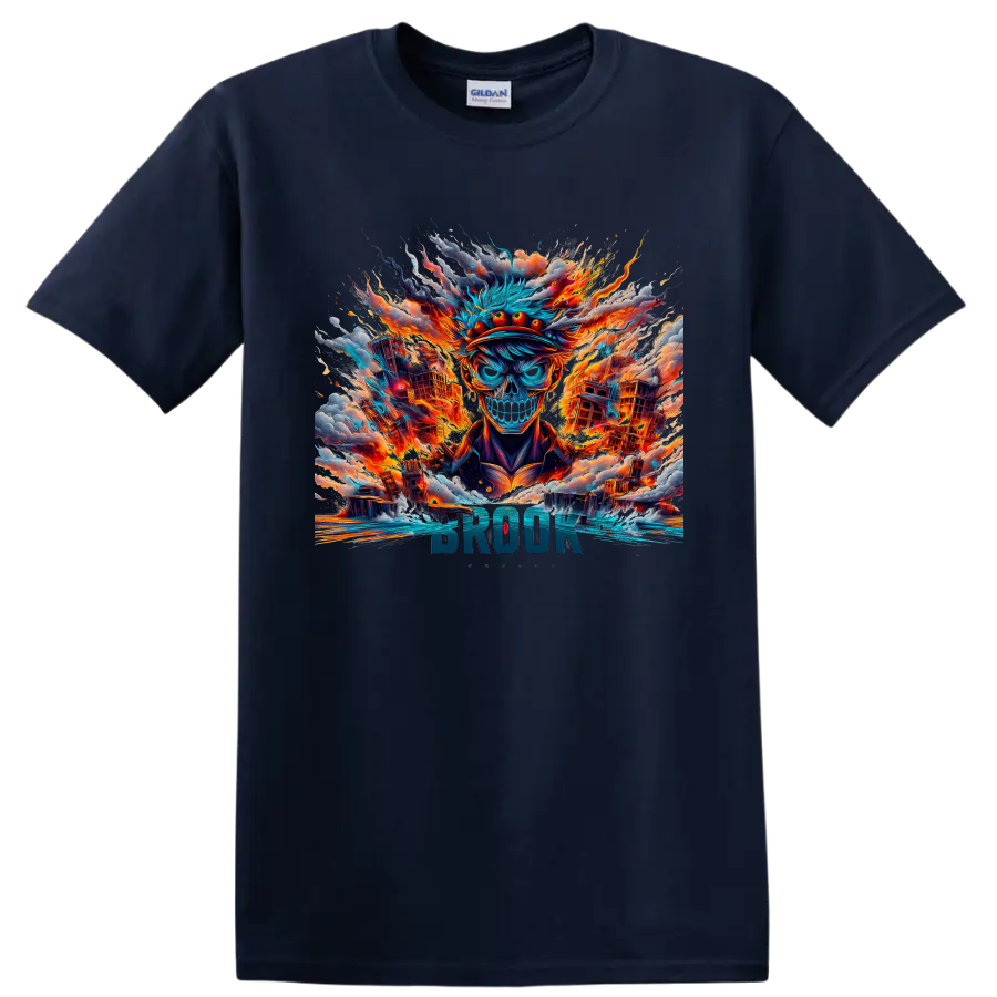 Brook skull character in fiery city anime art with BROOK text on a Navy (Blue) T Shirt
