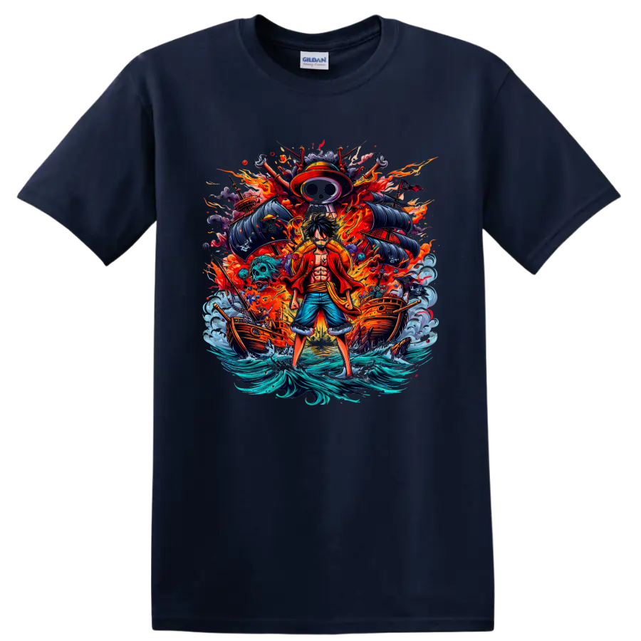 Monkey D. Luffy One Piece anime pirate graphic with ships, flames, and waves on a Navy (Blue) T Shirt