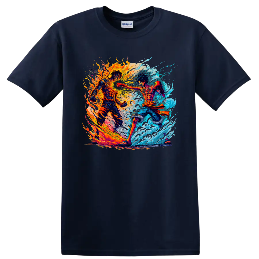 Monkey D. Luffy and Portgas D. Ace fire and water anime battle graphic on a Navy (Blue) T Shirt