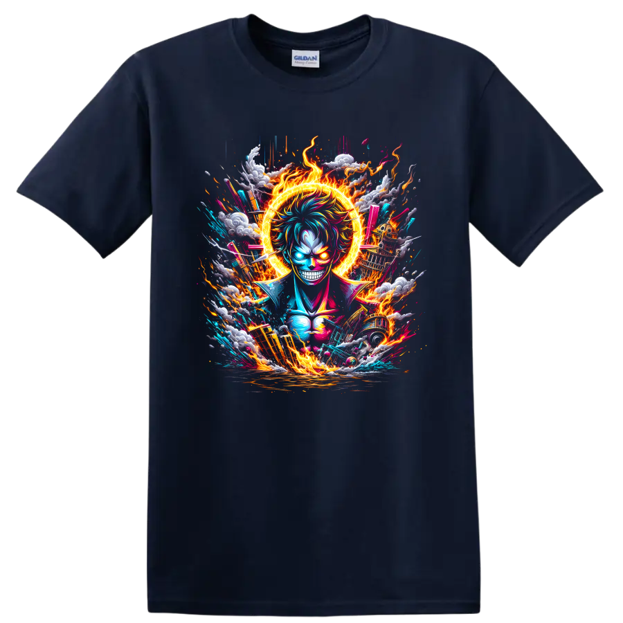 Monkey D. Luffy Gear 5 anime graphic with fiery halo, lightning, clouds, and waves on a Navy (Blue) T Shirt