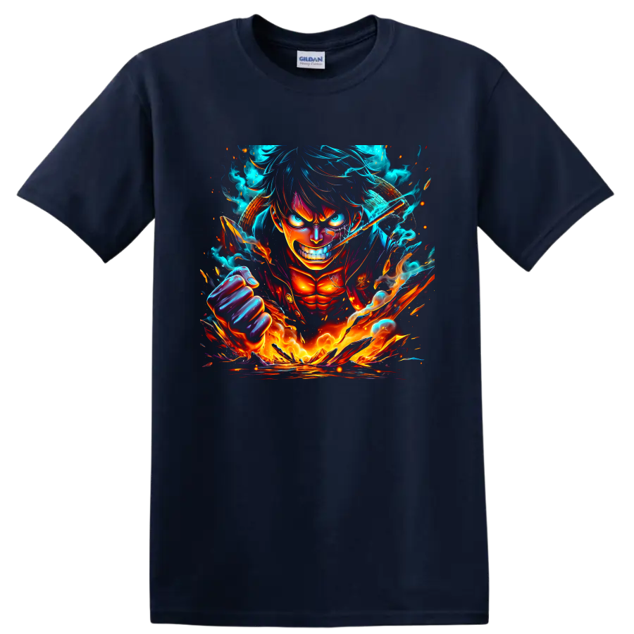 Monkey D. Luffy Bajrang Gun anime battle graphic with fiery energy and a raised fist on a Navy (Blue) T Shirt