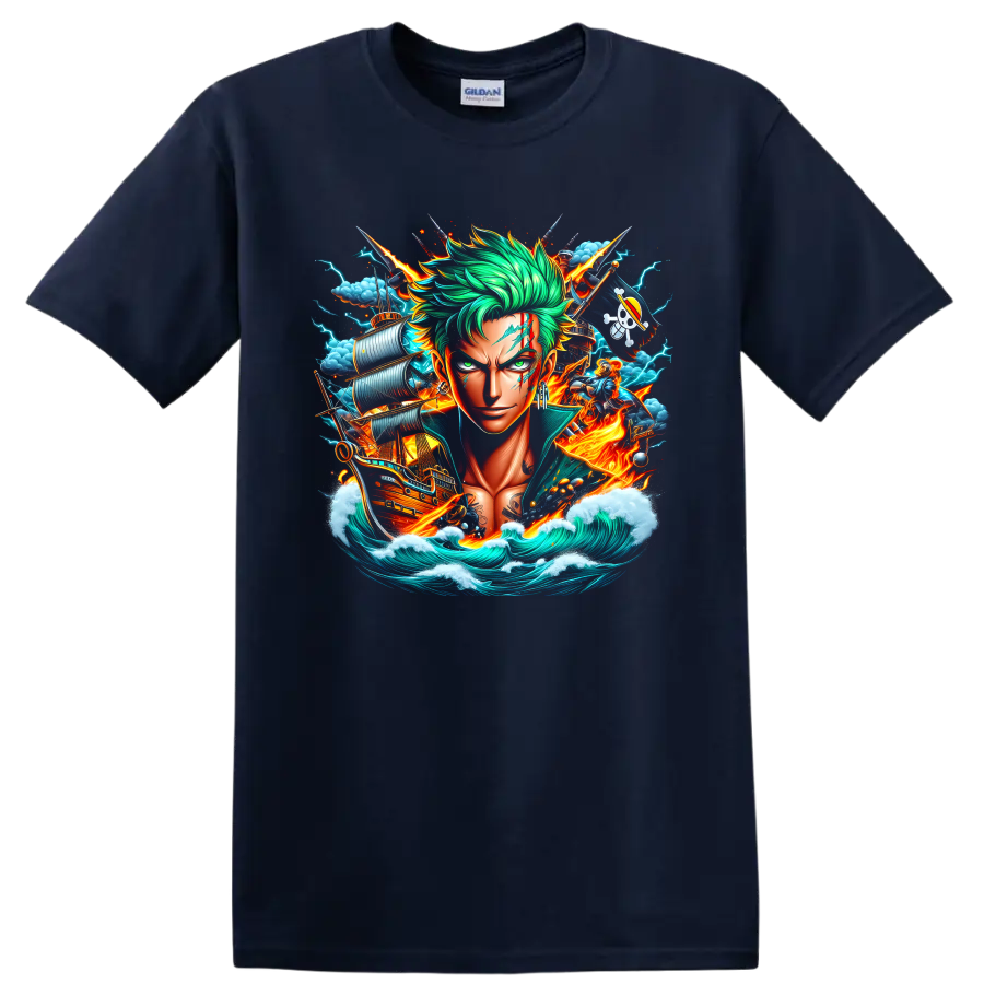 Roronoa Zoro anime portrait with swords, pirate ship, lightning, flames, and ocean waves on a Navy (Blue) T Shirt