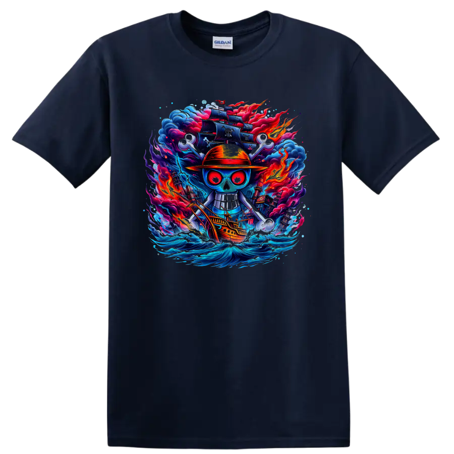 One Piece-inspired straw hat pirate skull with ship, waves, flames, and dark sails on a Navy (Blue) T Shirt