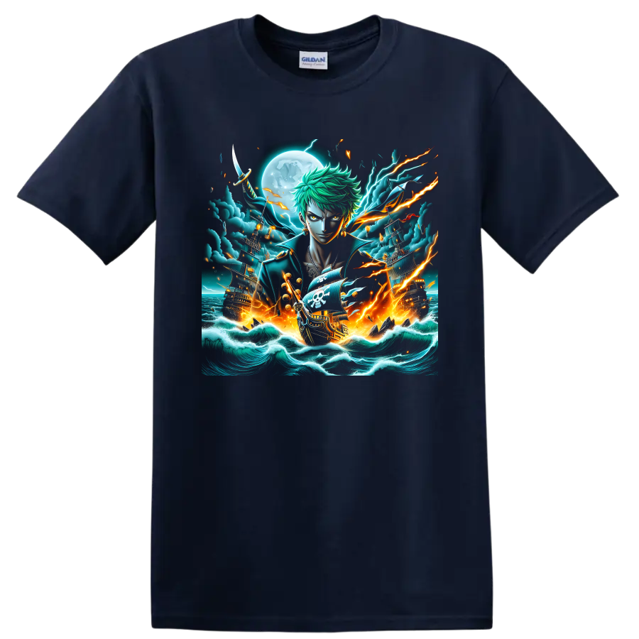 Roronoa Zoro anime art with pirate ships, moonlit waves, sword, and lightning on a Navy (Blue) T Shirt