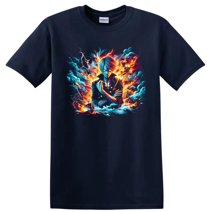 Sanji in fiery storm anime art with lightning, ocean waves, and a pirate ship on a Navy (Blue) T Shirt