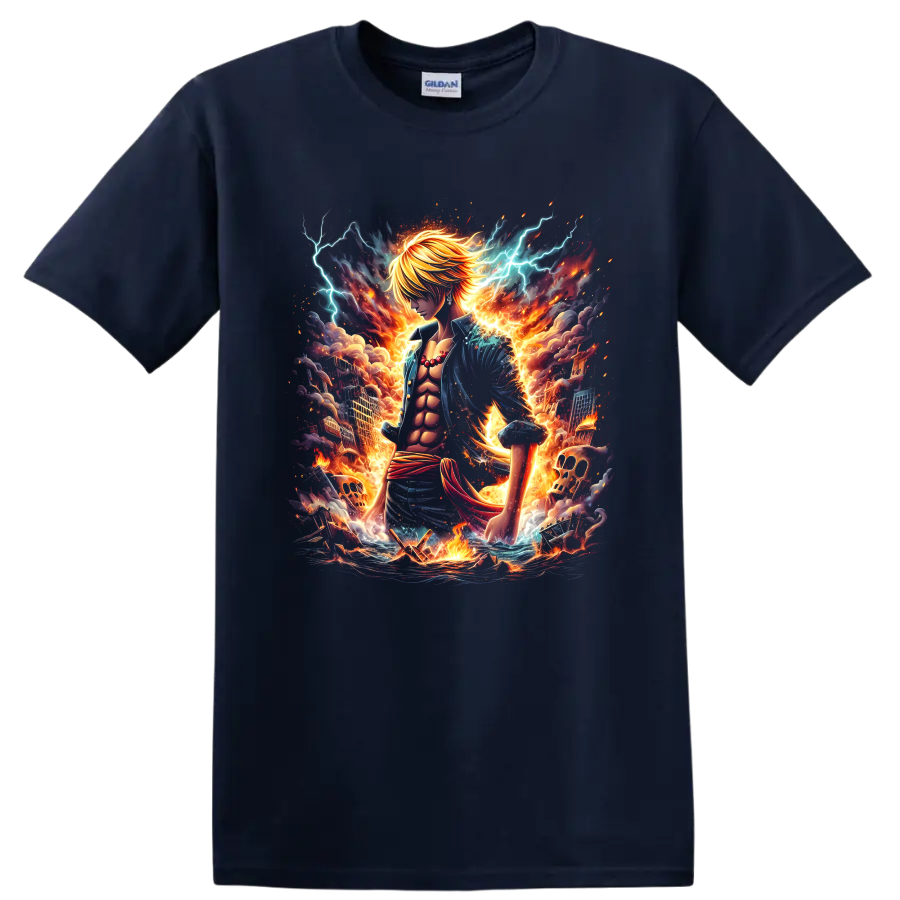 Sanji Diable Jambe anime battle graphic with blazing fire and blue lightning on a Navy (Blue) T Shirt