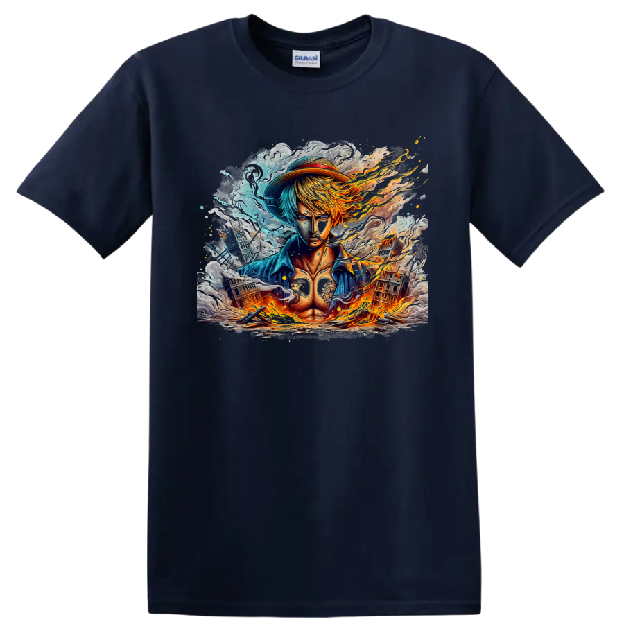Sanji-inspired anime warrior graphic with flames, blue smoke, and ruined city on a Navy (Blue) T Shirt