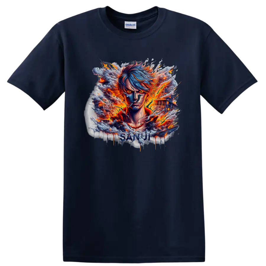 Sanji One Piece fiery anime portrait with burning ships and SANJI lettering on a Navy (Blue) T Shirt
