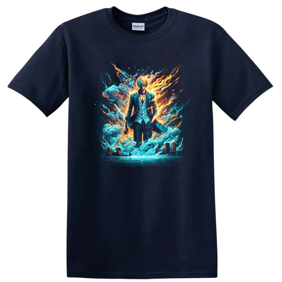 Sanji in a teal suit with fiery energy, ocean waves, and a glowing city on a Navy (Blue) T Shirt