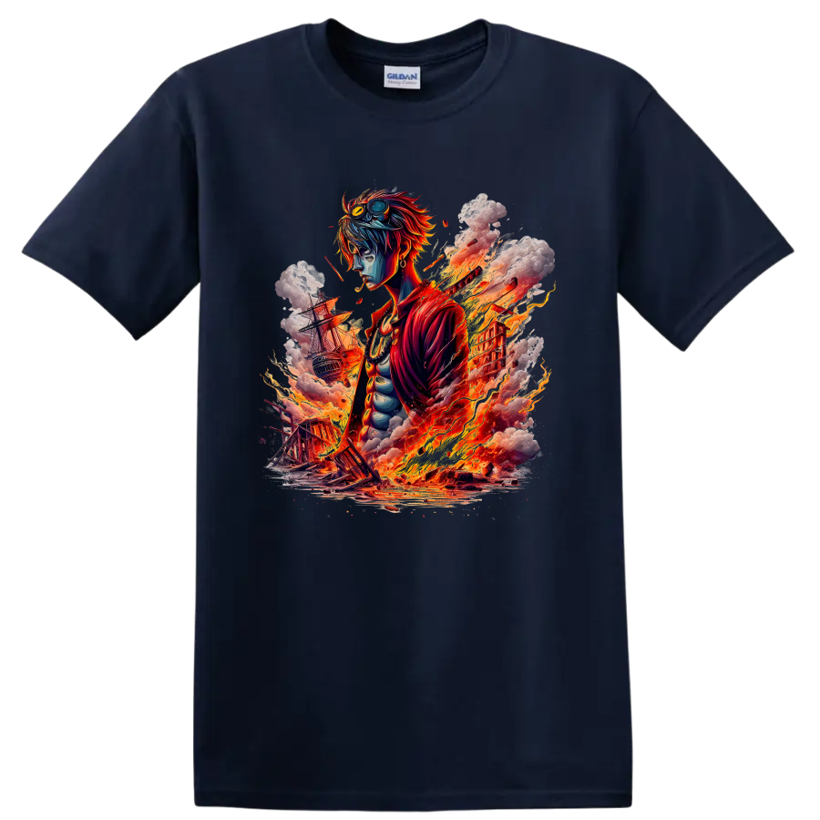 Sabo One Piece anime artwork with fire, smoke, and sailing ships on a Navy (Blue) T Shirt