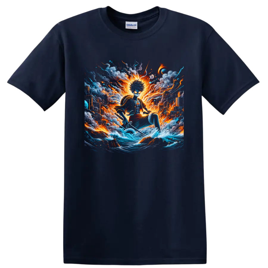 Monkey D. Luffy Gear 5 anime action art with ocean waves, fire, and storm clouds on a Navy (Blue) T Shirt