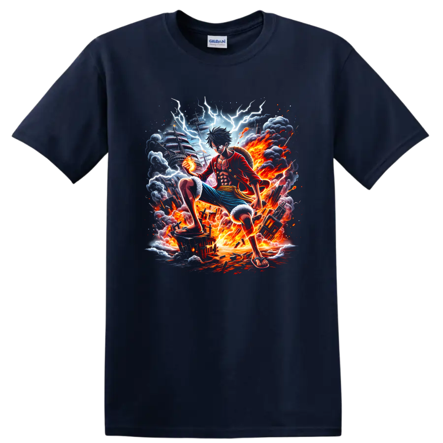 Monkey D. Luffy Gear 5 anime battle graphic with lightning, fire, and pirate ship on a Navy (Blue) T Shirt