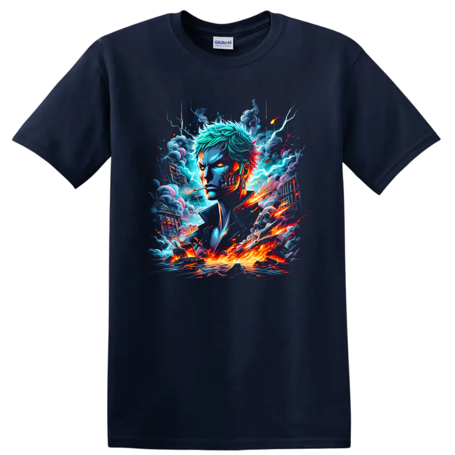 Roronoa Zoro anime swordsman portrait with lightning, storm clouds, and fiery energy on a Navy (Blue) T Shirt