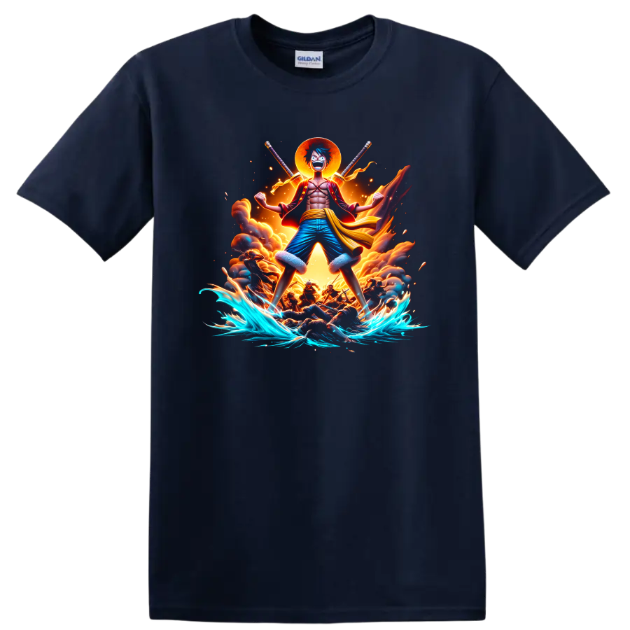 Monkey D. Luffy Gear 5-inspired anime ocean battle graphic with fire and waves on a Navy (Blue) T Shirt