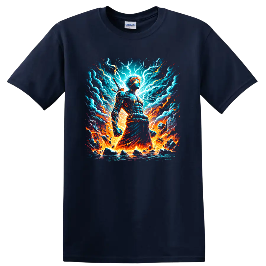 Ichigo Kurosaki in electric lightning and fire anime sword warrior graphic on a Navy (Blue) T Shirt