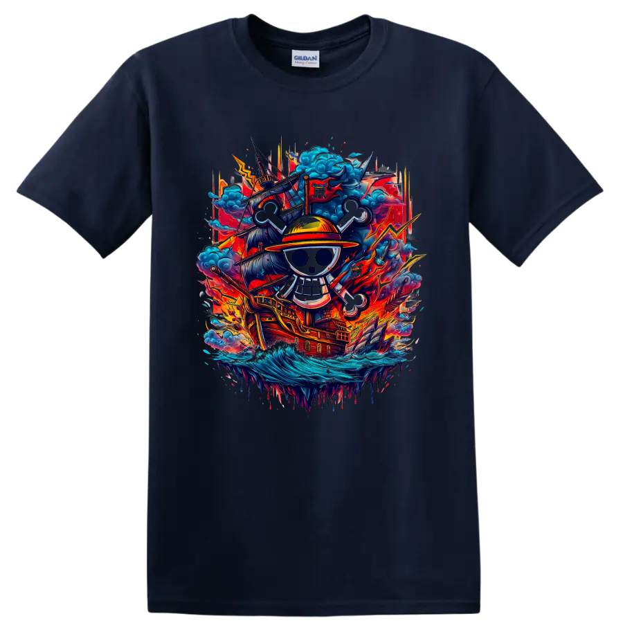 Monkey D. Luffy One Piece straw-hat skull and pirate ship anime graphic on a Navy (Blue) T Shirt