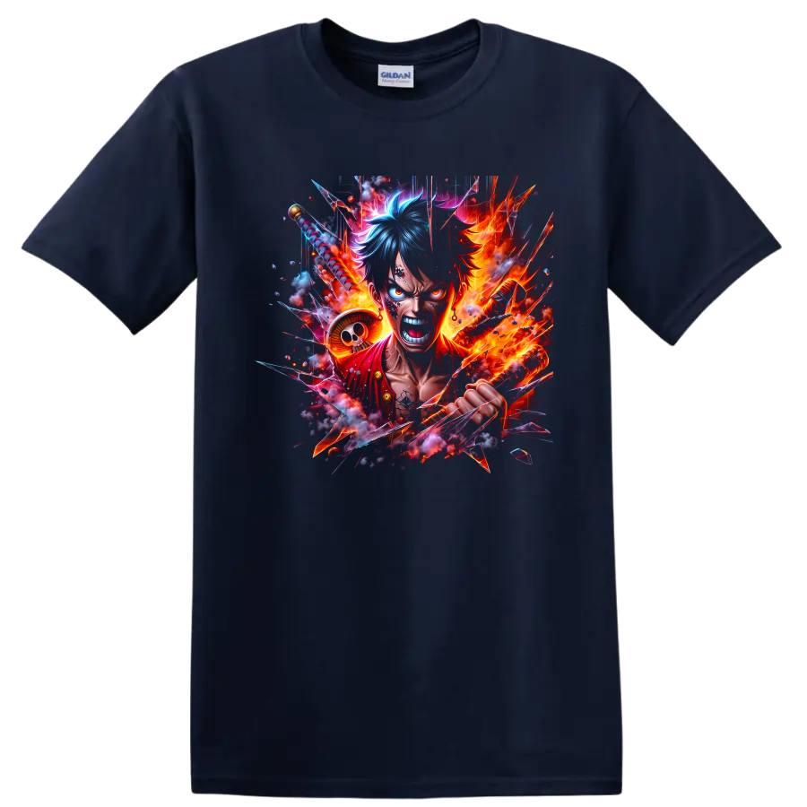 Monkey D. Luffy fiery anime battle graphic with flames, straw hat, and shattered glass on a Navy (Blue) T Shirt