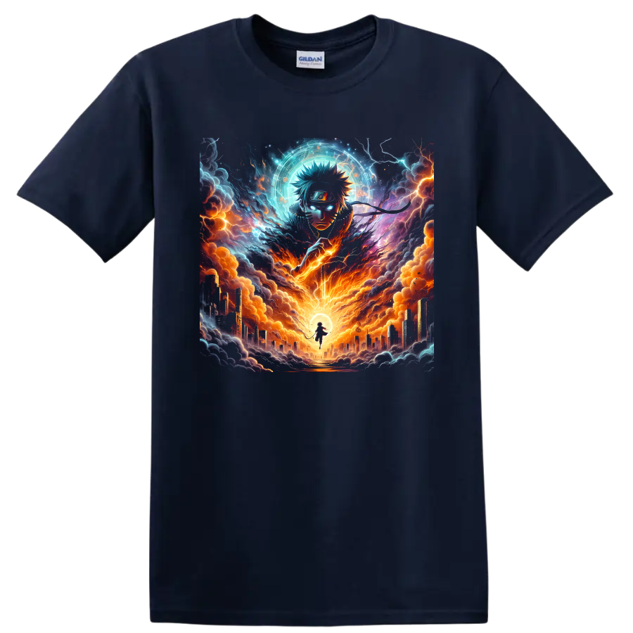 Naruto Uzumaki anime art with lightning, fiery storm clouds, glowing aura, and city on a Navy (Blue) T Shirt