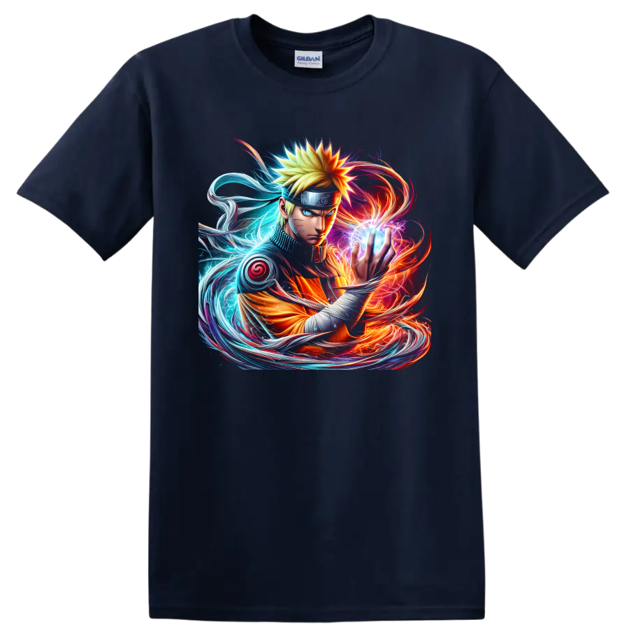 Naruto Uzumaki forming a glowing Rasengan in fiery and blue anime energy art on a Navy (Blue) T Shirt