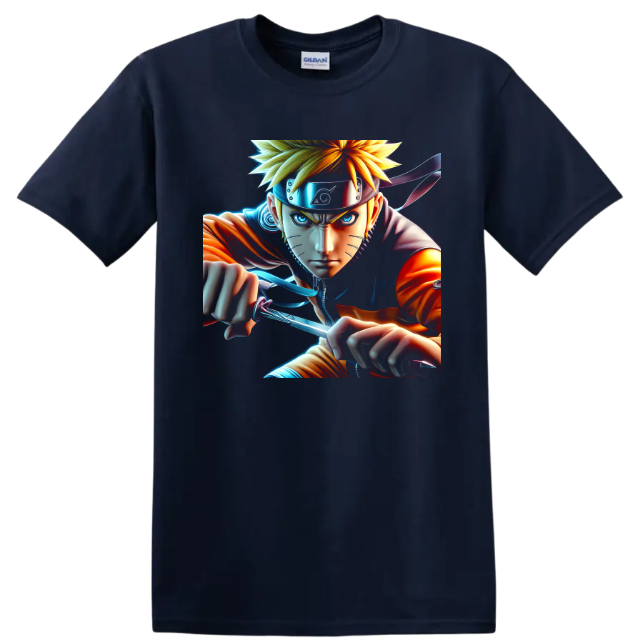 Naruto Uzumaki charging with a glowing Rasengan in vivid anime action art on a Navy (Blue) T Shirt