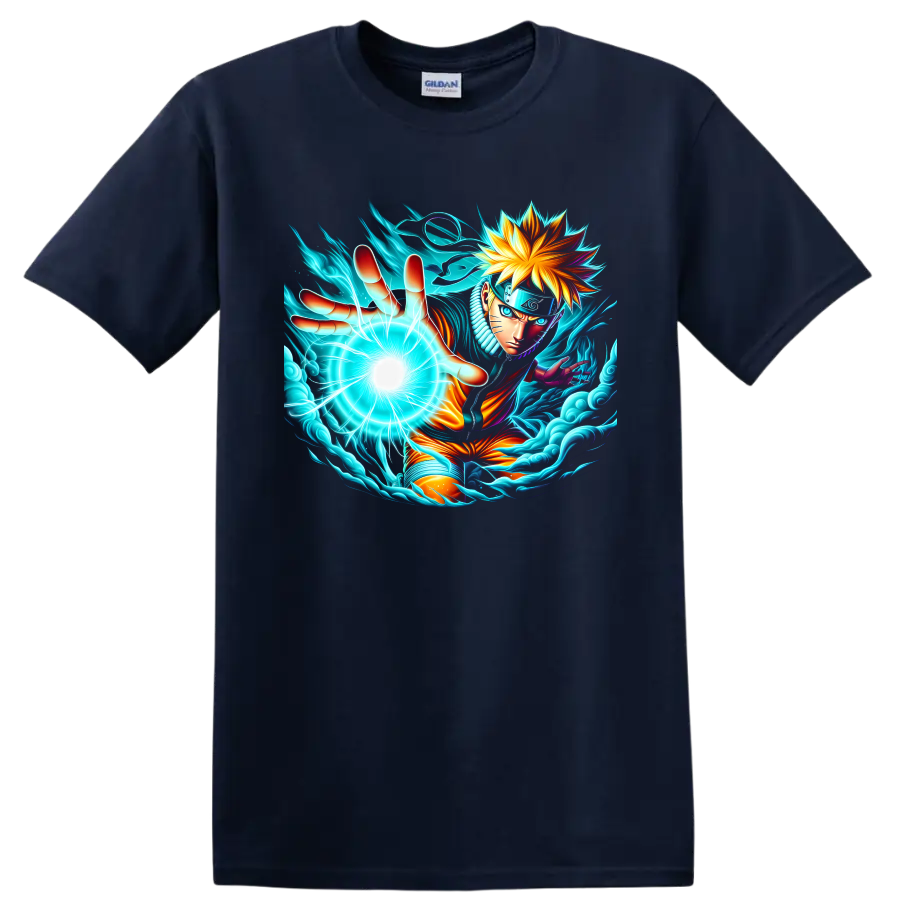 Naruto Uzumaki Sage Mode anime art reaching with a glowing energy orb and swirling waves on a Navy (Blue) T Shirt