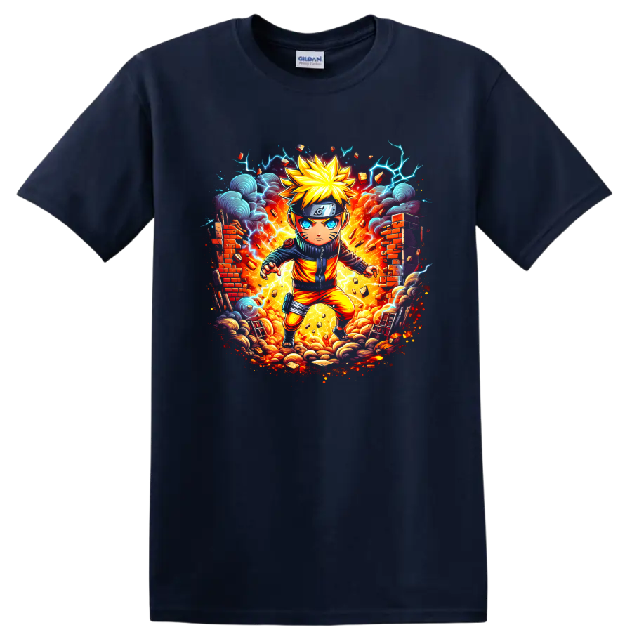 Chibi Naruto Uzumaki ninja with fireburst, lightning, storm clouds, and broken walls on a Navy (Blue) T Shirt