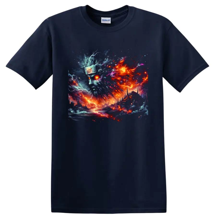 Naruto Uzumaki cybernetic ninja portrait with fiery cosmic storm artwork on a Navy (Blue) T Shirt
