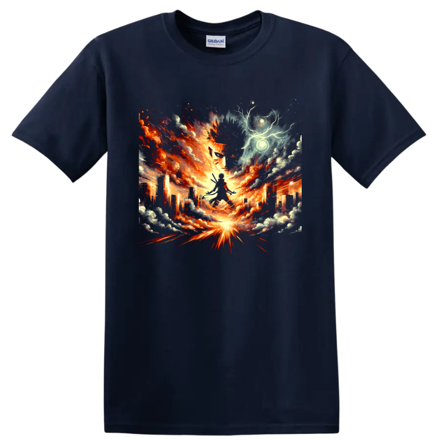 Naruto Uzumaki fiery city battle graphic with storm clouds and glowing energy on a Navy (Blue) T Shirt