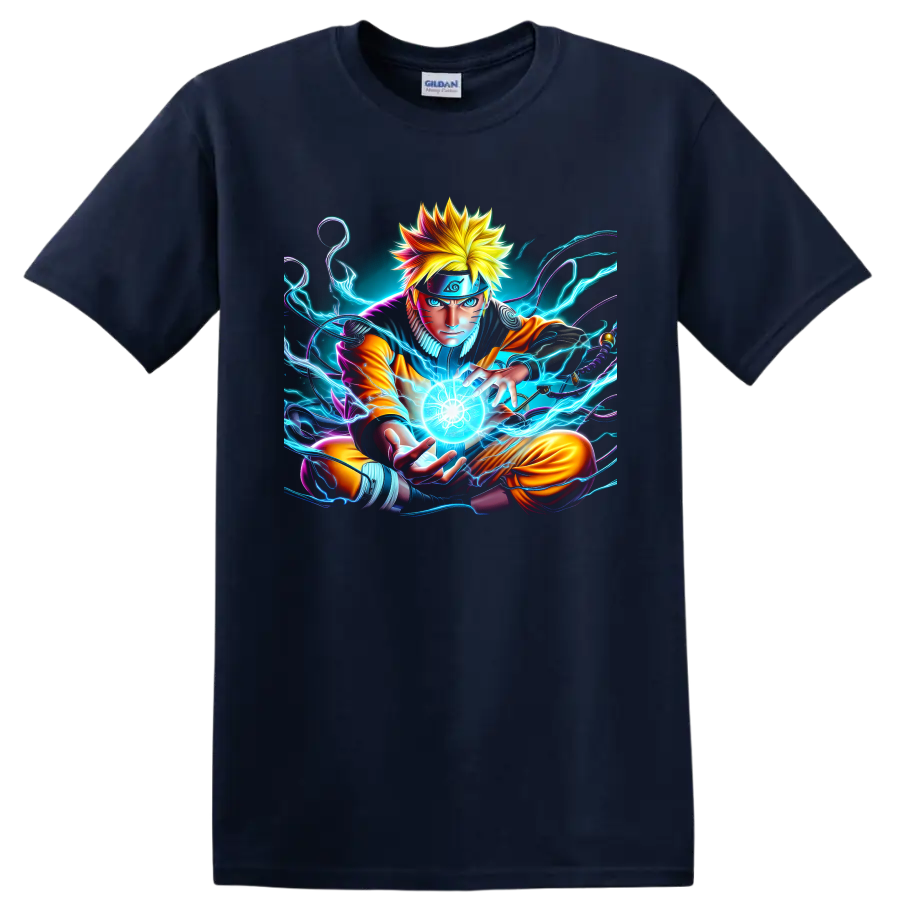 Naruto Uzumaki forming a glowing Rasengan in neon electric anime art on a Navy (Blue) T Shirt