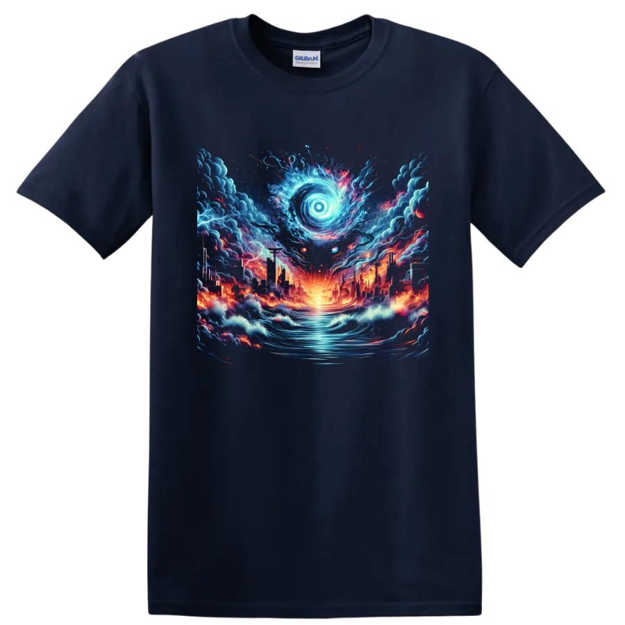 Surreal anime-style glowing spiral eye over a burning futuristic city and waves on a Navy (Blue) T Shirt
