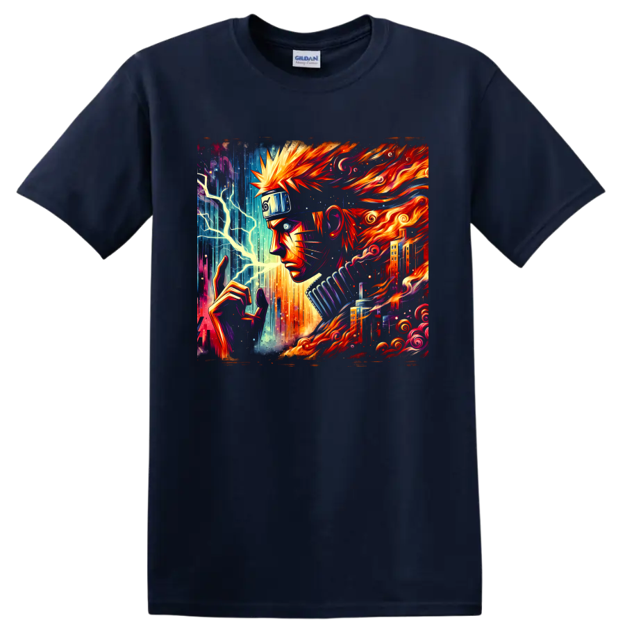 Naruto Uzumaki fiery ninja portrait with lightning, neon city details, and swirling flames on a Navy (Blue) T Shirt