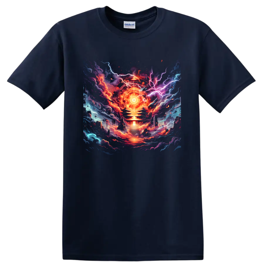 Cosmic temple graphic with radiant circular emblem, lightning, clouds, and embers on a Navy (Blue) T Shirt