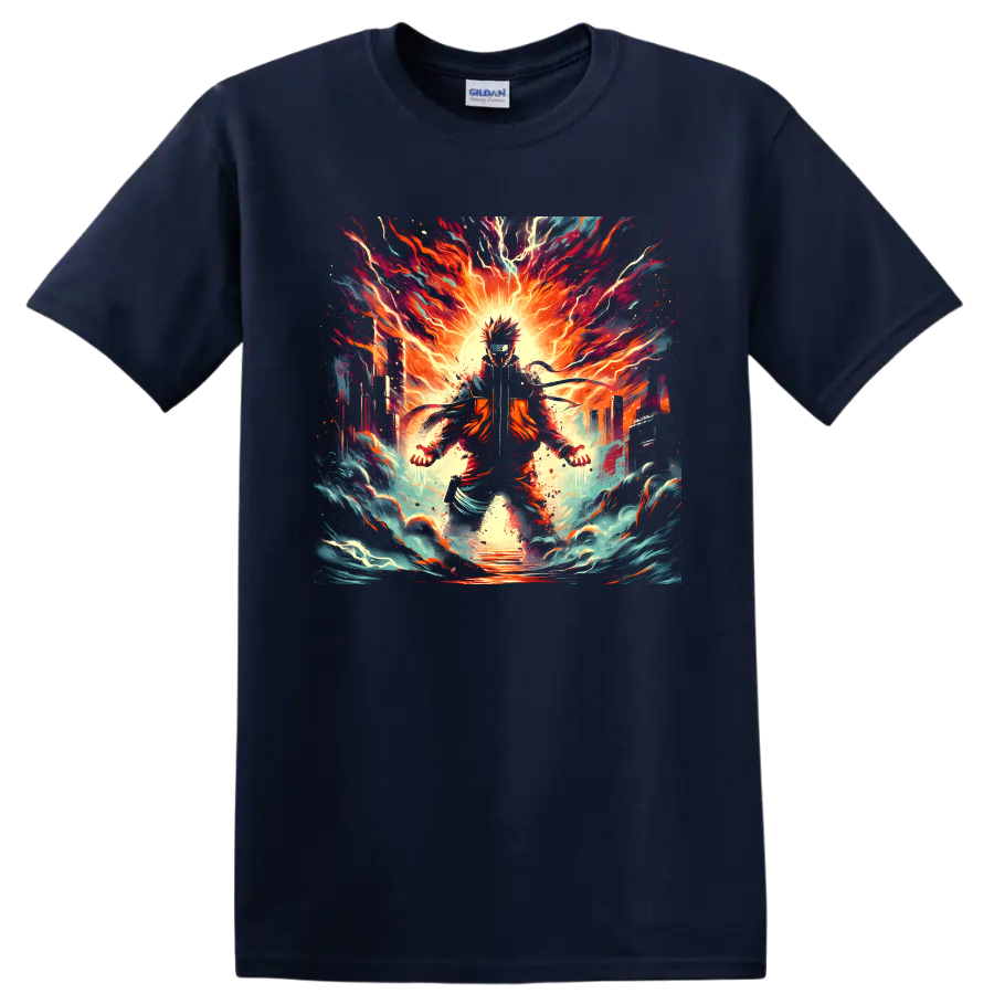 Naruto Uzumaki fiery anime ninja graphic with lightning, flames, and swirling waves on a Navy (Blue) T Shirt