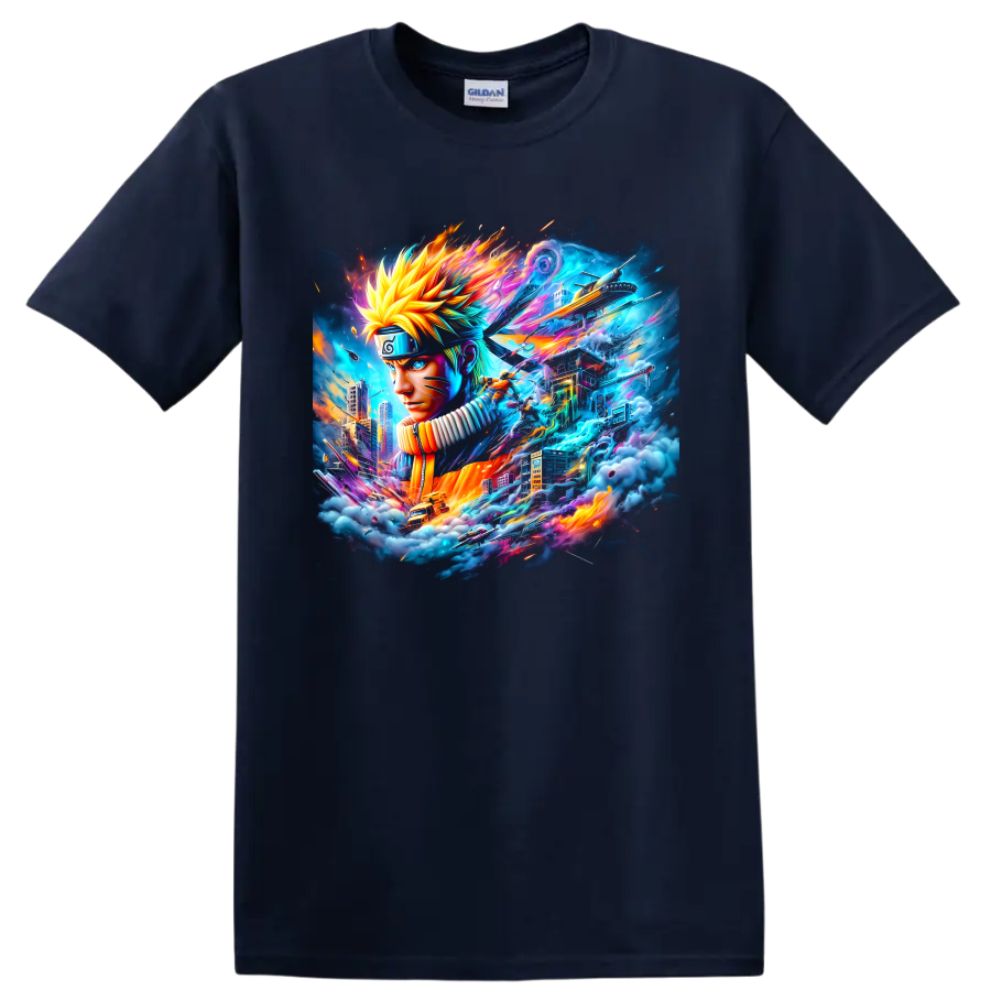 Naruto Uzumaki neon ninja portrait with futuristic cityscape and swirling energy on a Navy (Blue) T Shirt