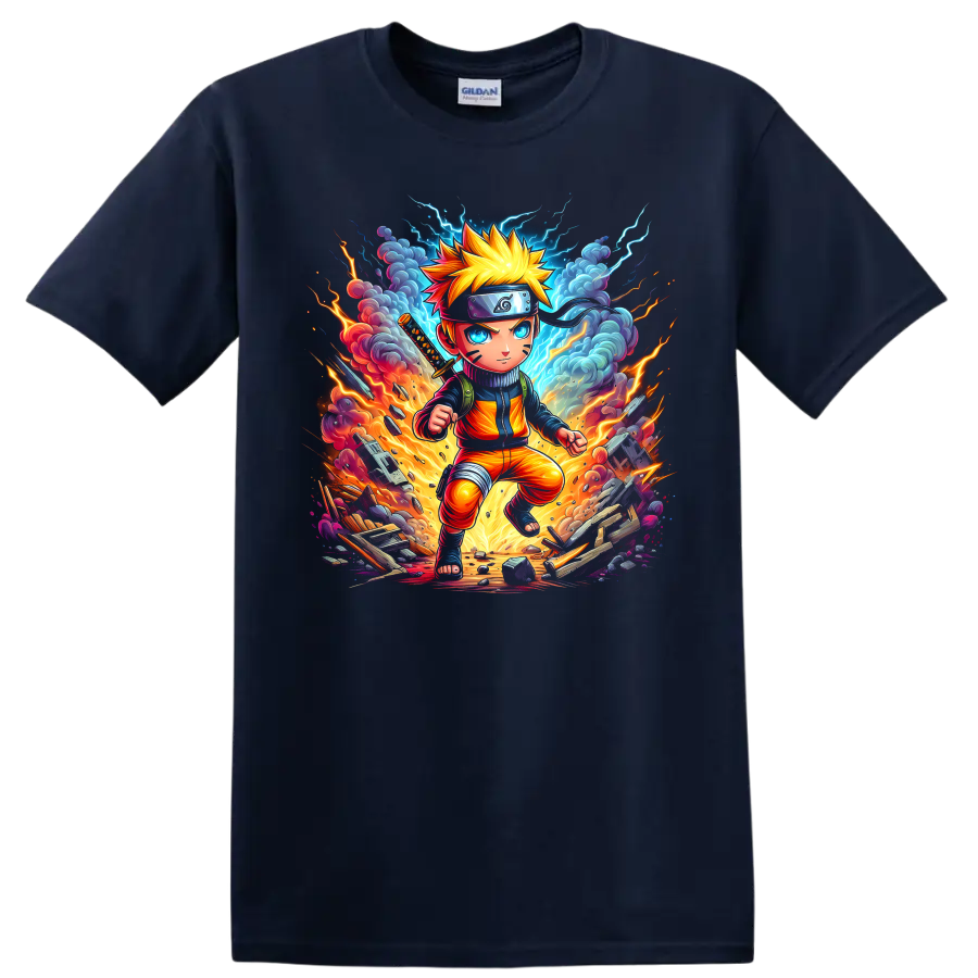 Naruto Uzumaki explosive anime ninja action graphic with lightning, fire, and debris on a Navy (Blue) T Shirt
