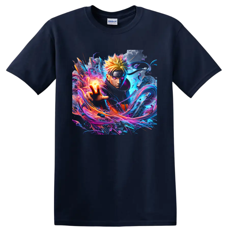 Naruto Uzumaki neon anime art with glowing energy orb and swirling effects on a Navy (Blue) T Shirt