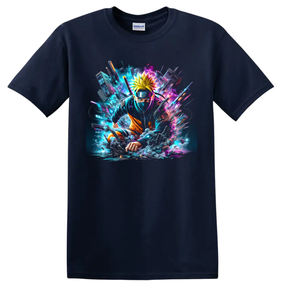 Naruto neon cyberpunk ninja action graphic with glowing shards and smoke on a Navy (Blue) T Shirt