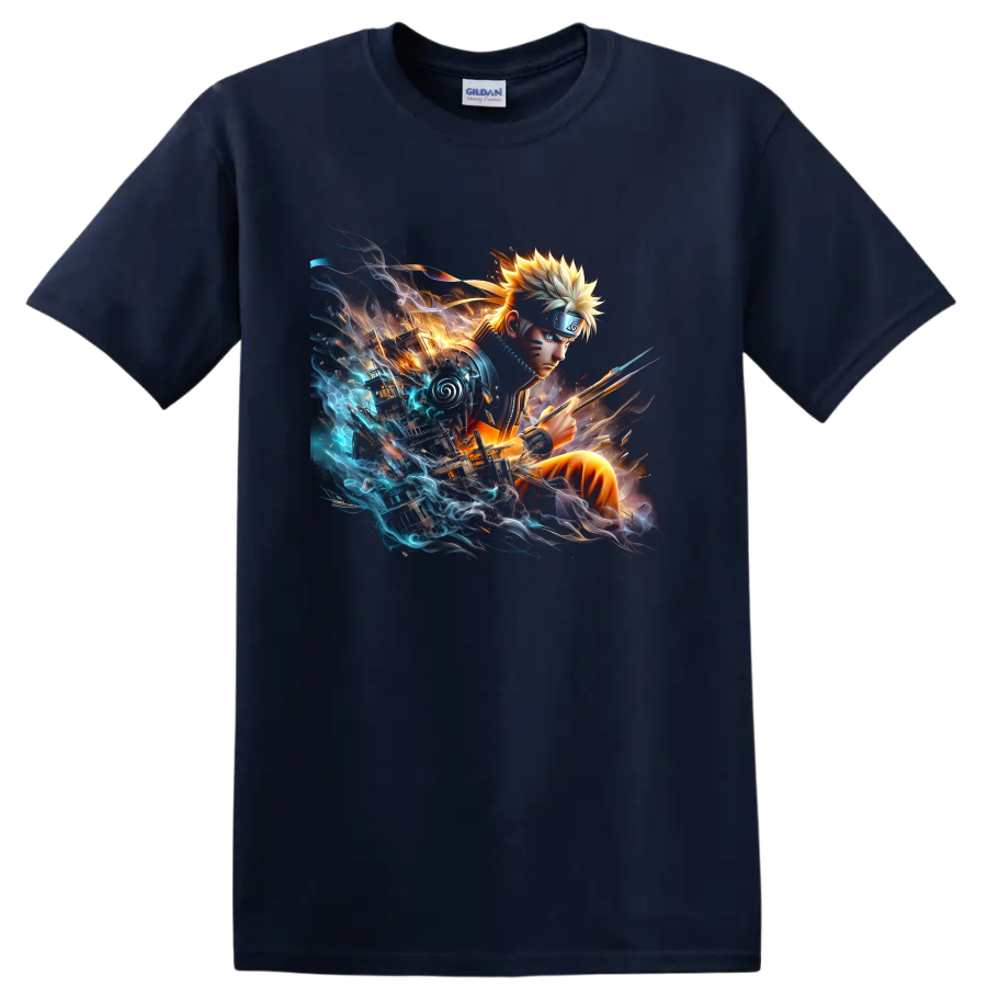 Naruto Uzumaki anime battle art with a kunai, fiery light, and blue energy on a Navy (Blue) T Shirt