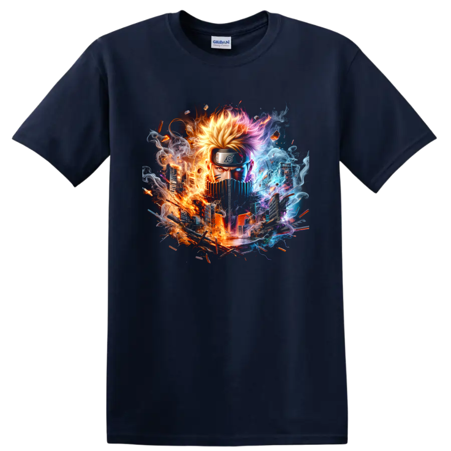 Naruto Uzumaki anime portrait with fiery and icy energy cityscape graphic on a Navy (Blue) T Shirt