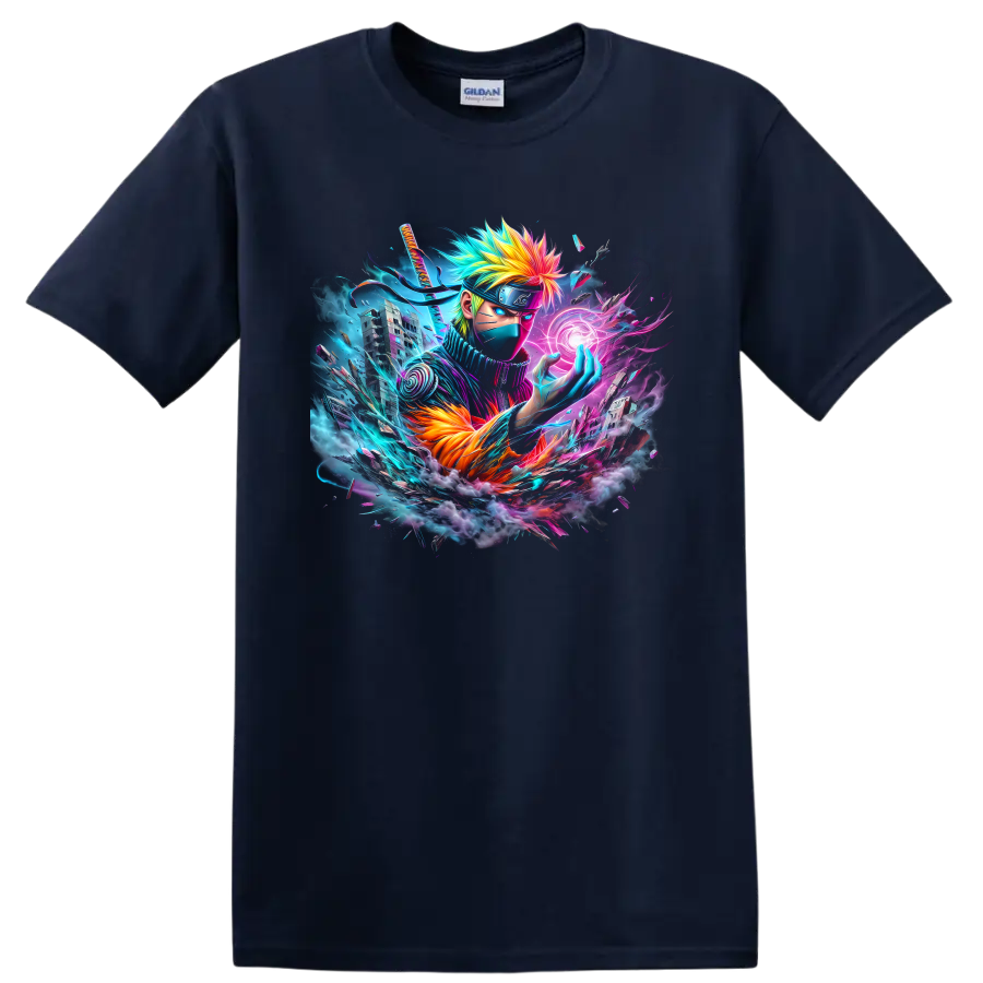 Kakashi Hatake neon anime ninja with glowing energy orb and futuristic city artwork on a Navy (Blue) T Shirt