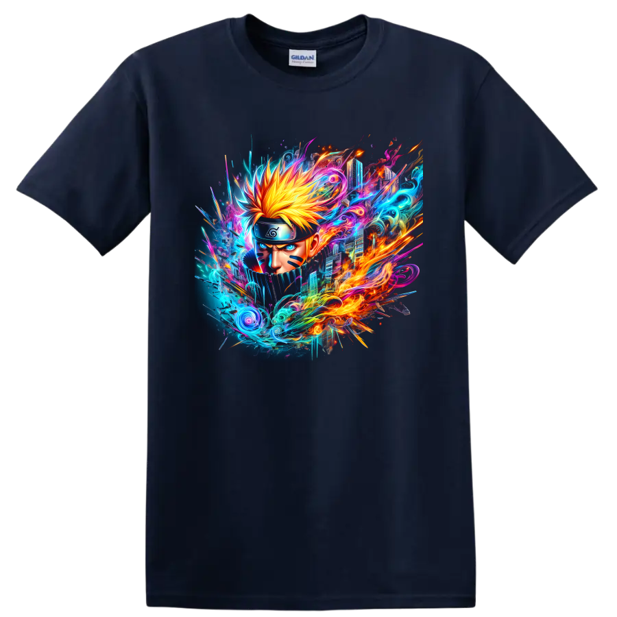 Naruto Uzumaki portrait with neon fire, electric swirls, and futuristic ninja art on a Navy (Blue) T Shirt