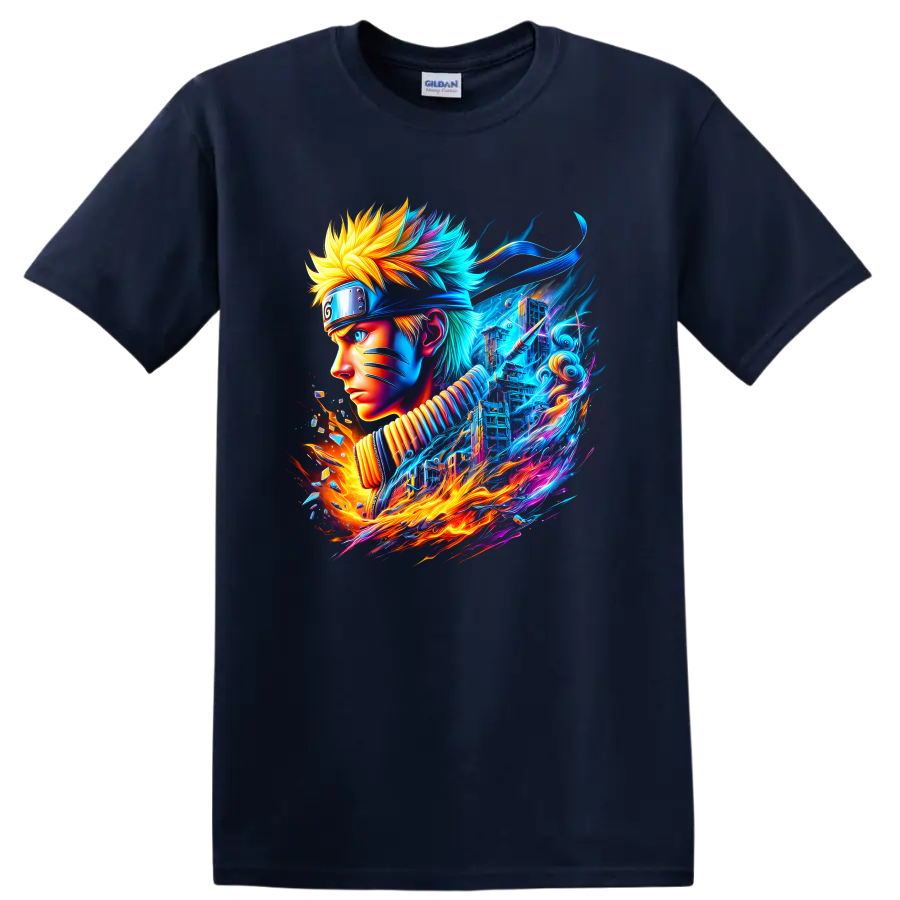 Naruto Uzumaki neon ninja portrait with blue energy and fiery action art on a Navy (Blue) T Shirt