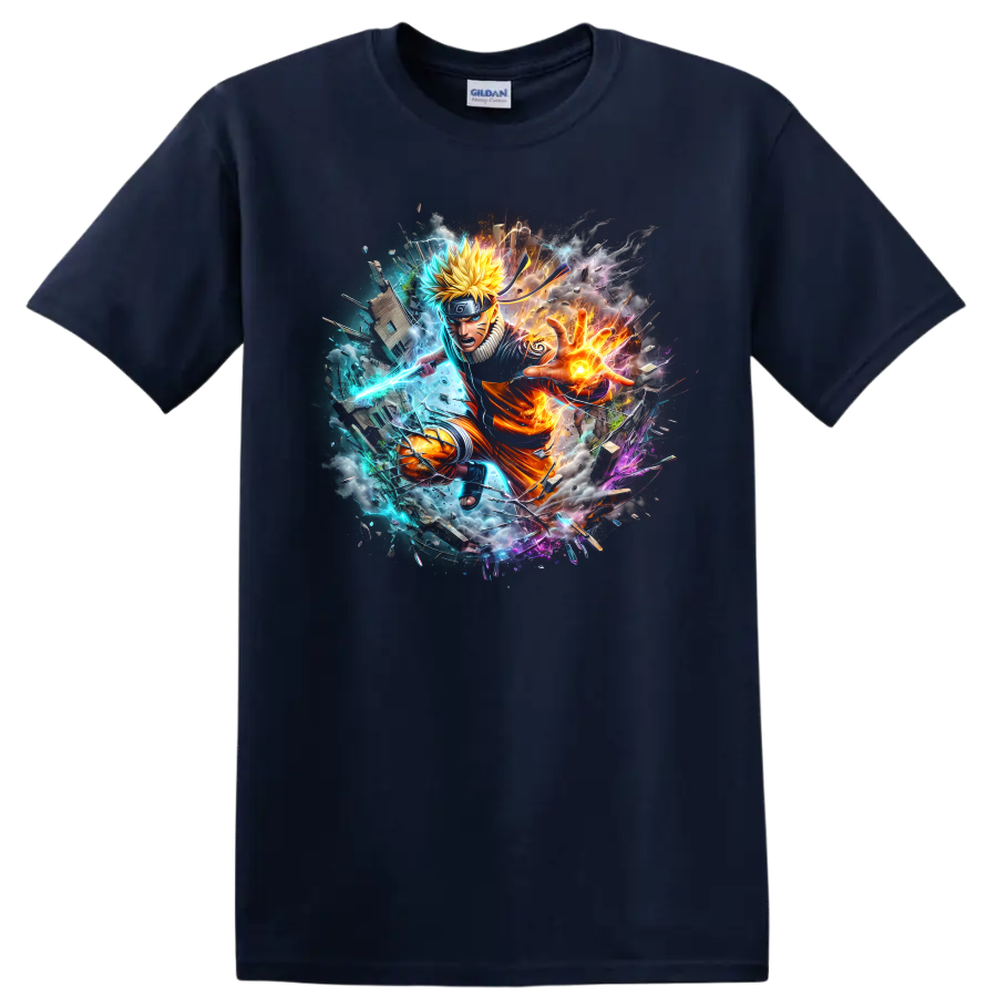 Naruto Uzumaki anime action graphic with fiery energy, blue lightning, and debris on a Navy (Blue) T Shirt